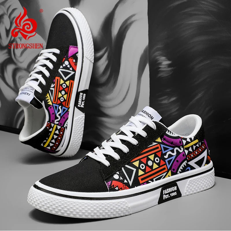 STRONGSHEN Men Casual Shoes Sports Running Shoes Canvas Geometric Style Lace-Up Sneakers Fashionable Graffiti Print Skate Shoes