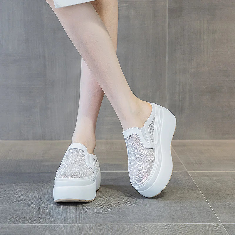 Fujin 8cm Air Mesh Lace Genuine Leather Comfy Platform Wedge Slippers High Brand Breathable Summer Platform Wedge Casual Shoes