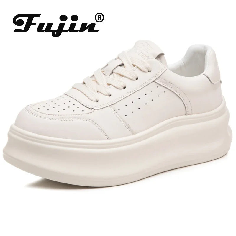 Fujin 6cm Genuine Leather Breathable Vulcanize Summer Women Spring Autumn Microfiber Fashion Chunky Sneaker Flats Boots Shoes