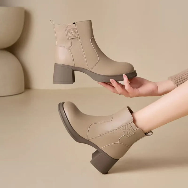 DRKANOL 2025 Women High Heel Ankle Boots Autumn Winter Plush Warm Shoes Quality Real Cowhide Trend Thick Heel Casual Short Boots