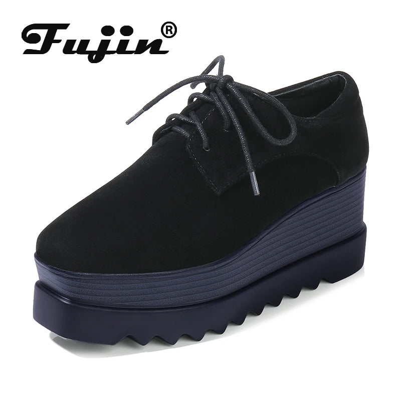 Fujin 7.5cm Cow Suede Genuine Leather Platform Wedge Autumn Winter Spring Ins Hot Sell Chunky Sneakers Plush Women Comfy Shoes