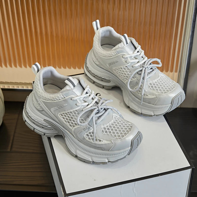 AUTUSPIN Summer Thick Bottom Women's Shoes Outdoor Fashion Leather Ladies Vulcanized Sneakers Breathable Mesh Shoes Comfortable