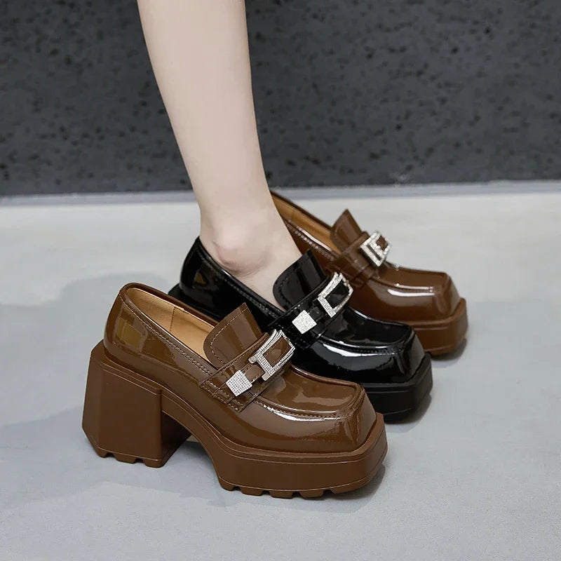 AUTUSPIN 9cm High Thick Heels Mary Janes Shoes Women Fashion Crystal Woman Pumps Patent Leather Shallow Female Platform Shoes