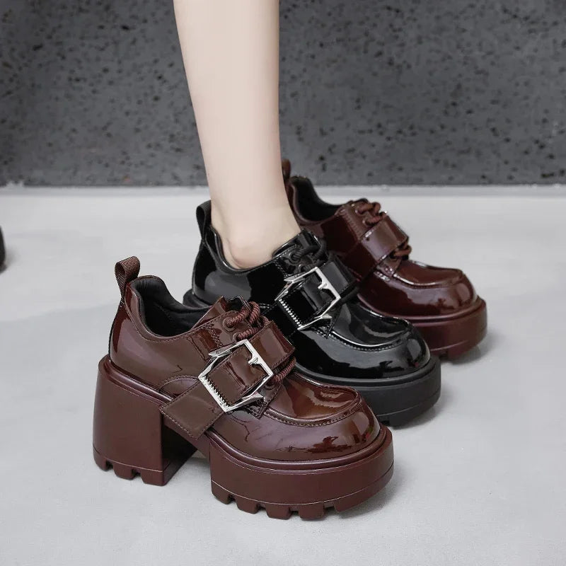 AUTUSPIN 8.5cm Square Thick High Heels Women Winter Autumn Patent Leather Pumps Female Leisure Concise Mary Janes Oxfords Shoes