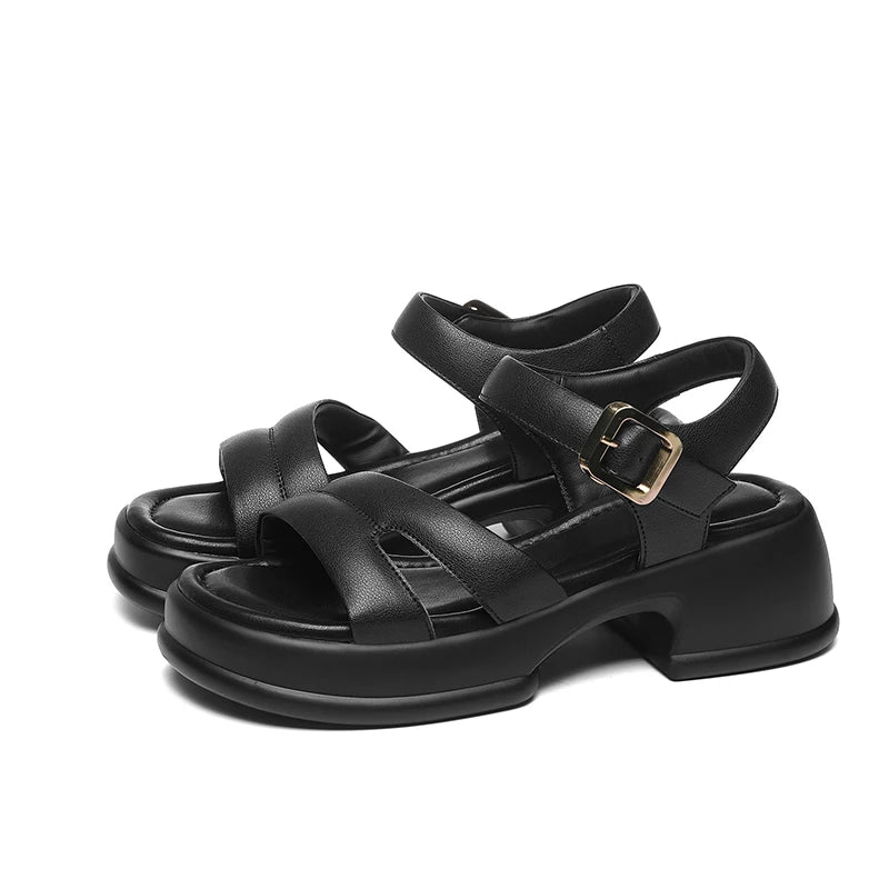 AUTUSPIN 5.5cm Fashion Sandals for Women Summer Genuine Leather Ladies Shoes Rome Platform Chunky Heels Woman Leisure Outdoor