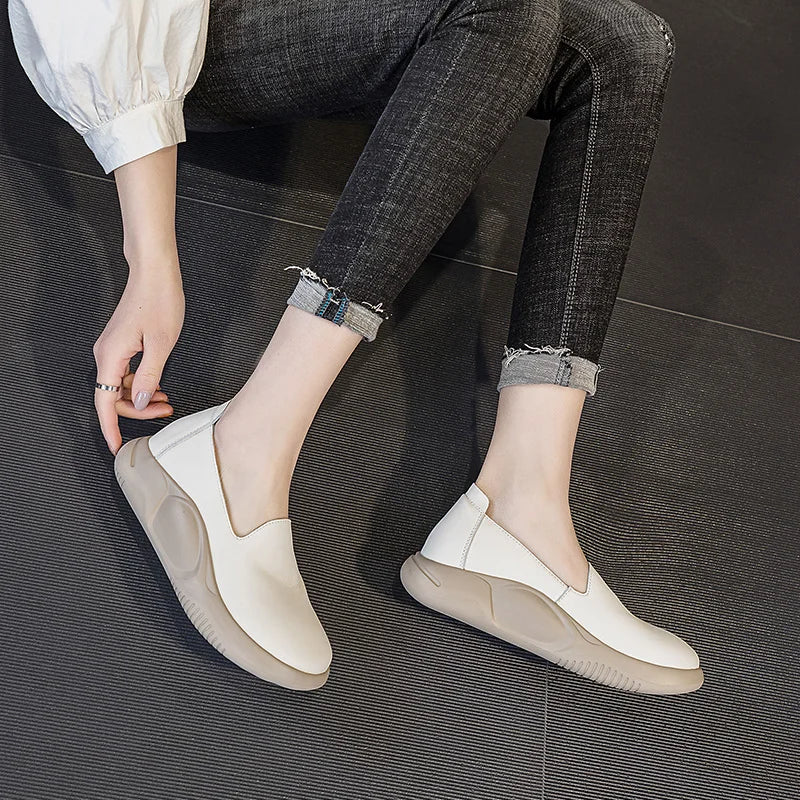 DRKANOL Women Slip On Loafers Solid Color Genuine Leather Shallow Flat Platform Shoes Spring Summer Lightweight Single Shoes