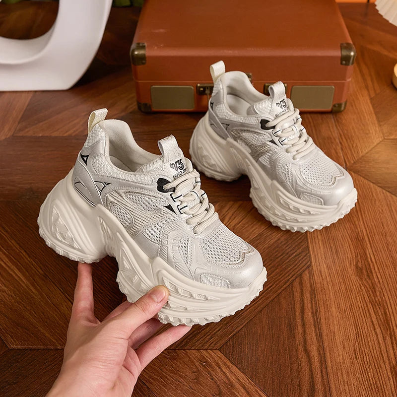 Autuspin Size 34-39 Women New Retro Sneakers Outdoor Leisure Ladies Luxury Air Mesh Breathable Vulcanize Shoes Woman Beige White