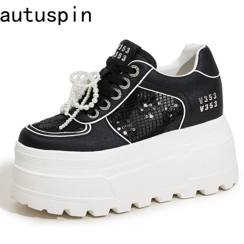 AUTUSPIN Designer Women Shoes Sequined Ladies Summer Mesh Leisure Vulcanize Sneakers Beads Lace-up Woman Platform Shoes 34-39