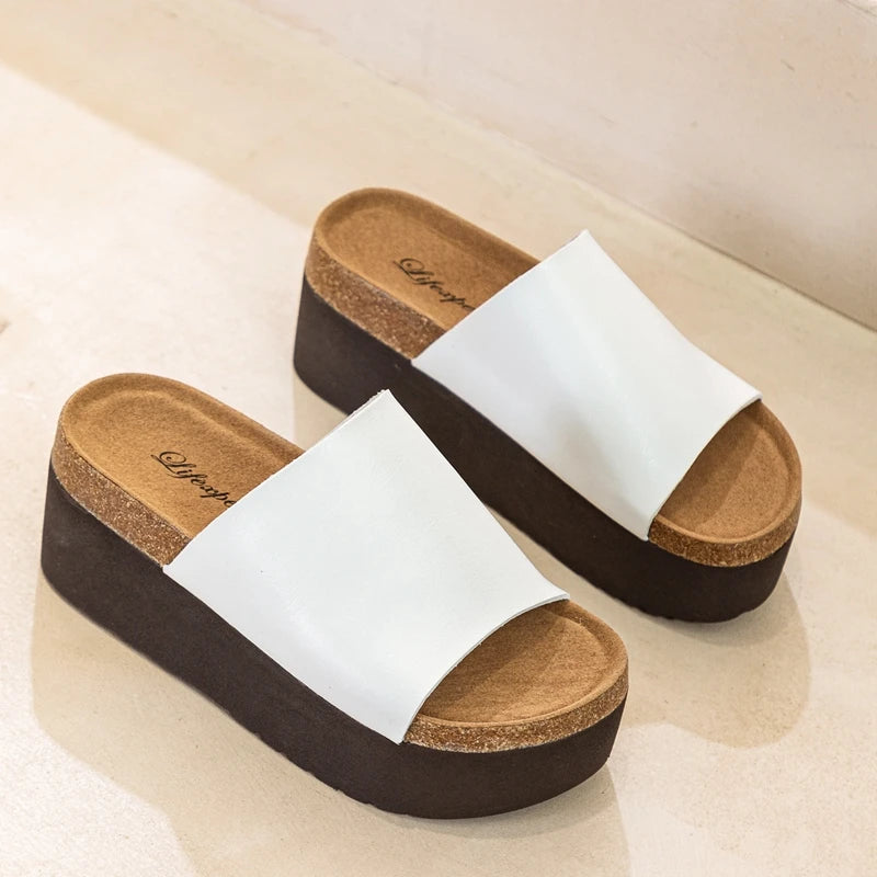 AUTUSPIN Fashion Ladies Slippers Sandals High Platform Comfort Casual Shoes Women Summer Soft Leather Outside Wedges Heels Woman