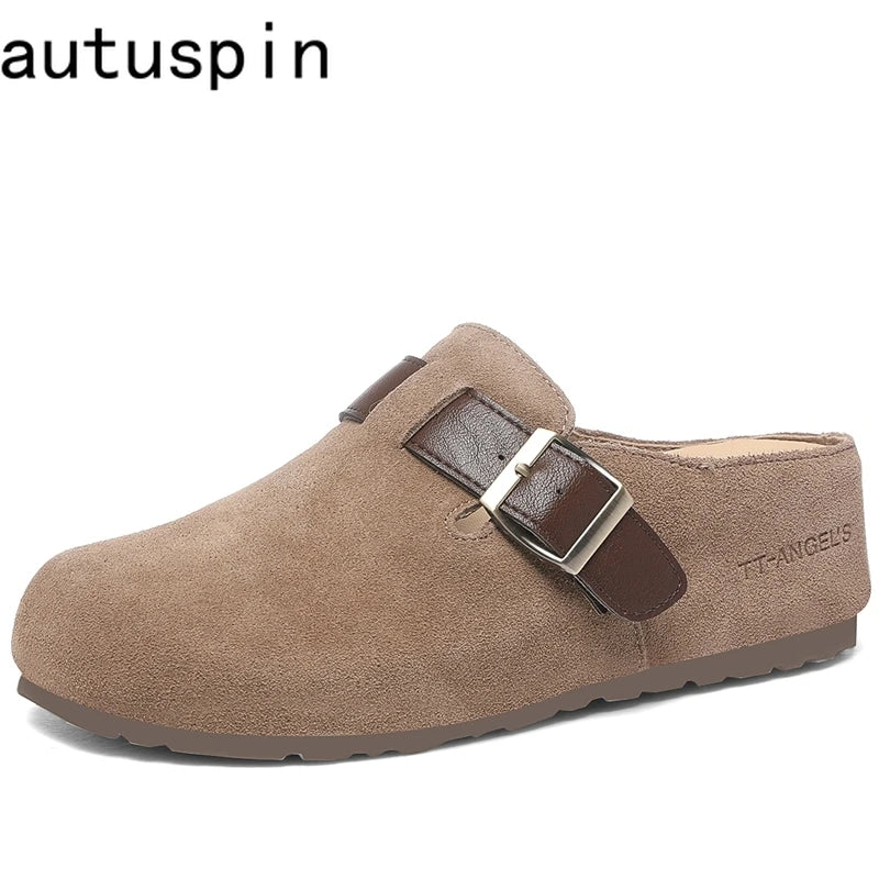 AUTUSPIN Fashion Round Toe Slides Shoes Women 2025 Summer Spring Suede Leather Mules Slippers Female Lazy Slip on Loafers Woman
