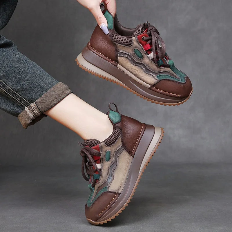 DRKANOL Fashion Women Casual Sneakers Spring Autumn Mixed Colors Genuine Cow Leather Thick Sole Chunky Platform Retro Shoes Lady