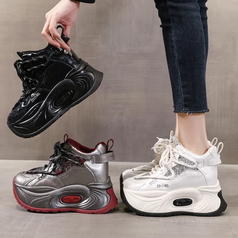 AUTUSPIN 9.5cm Platform Wedge Sneakers for Women Winter Spring Tide Trendy Soft Leather Ladies Chunky Shoes Woman Ankle Boots