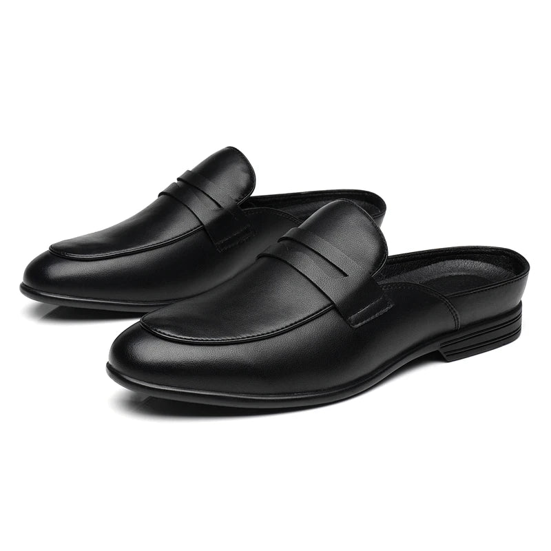 Men Leather Half Slippers Fashion Outdoor Casual Leather Shoes Soft Bottom Half Drag Genuine Leather Antiskid Walking Shoes