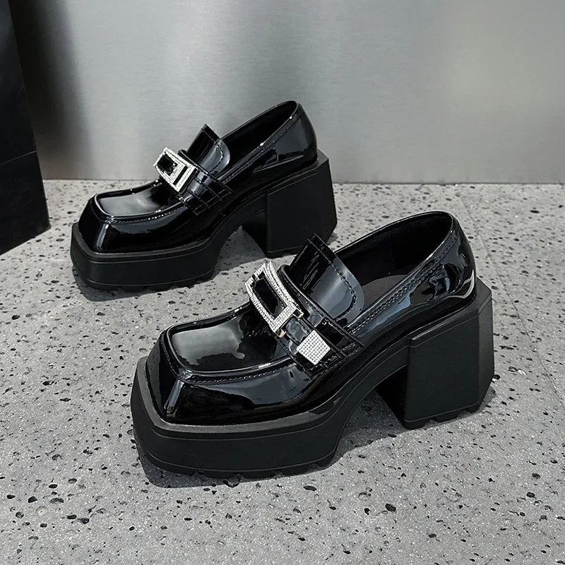 AUTUSPIN 9cm High Thick Heels Mary Janes Shoes Women Fashion Crystal Woman Pumps Patent Leather Shallow Female Platform Shoes