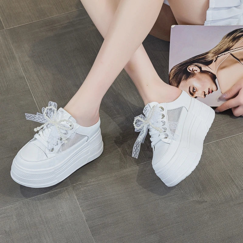 AUTUSPIN 8cm Women Lace Shoes Summer White Cover Toe Slippers High Platform Ladies Casual Sports Sneakers Fashion Sandals Woman
