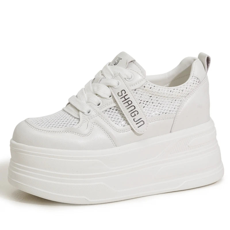 AUTUSPIN Yellow Popular Platform Sneakers Women 2025 Summer Fashion Internal Heighten Ladies Shoes Shiny Bling Mesh Footwear