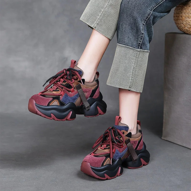 DRKANOL 2025 Women Mixed Colors Cow Suede Shoes Handmade Retro Lace-Up Round Toe Platform Thick Sole Height Increasing Dad Shoes