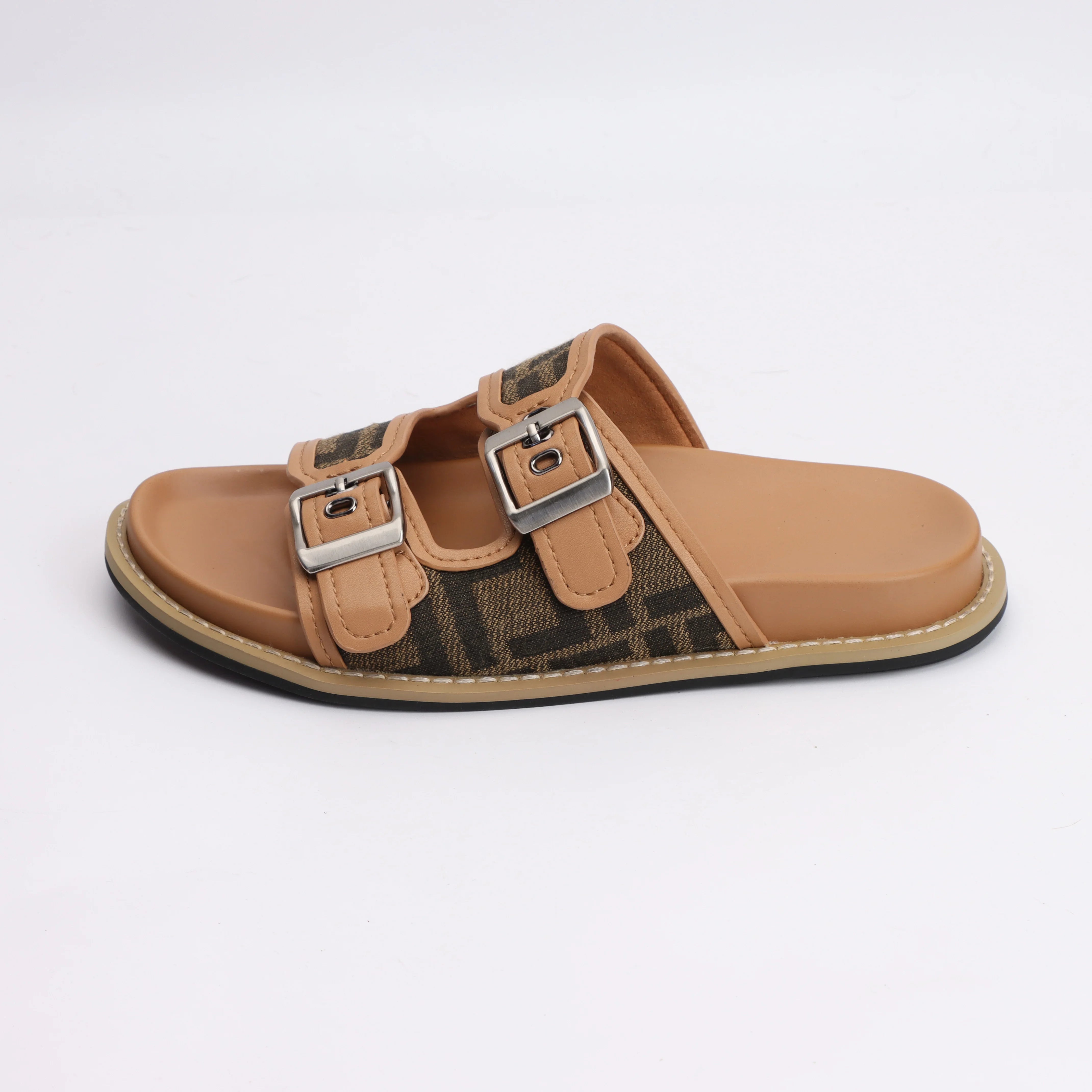 NO-LOGO Designer Summer Leather slippers for Women 2025 Luxury Brand Shoes Khaki ladies Slipper and big size 44
