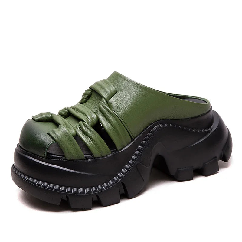 DRKANOL Women Slippers Summer 7cm Height Increasing Wedges Platform Slippers Woven Genuine Cow Leather Outside Casual Slides