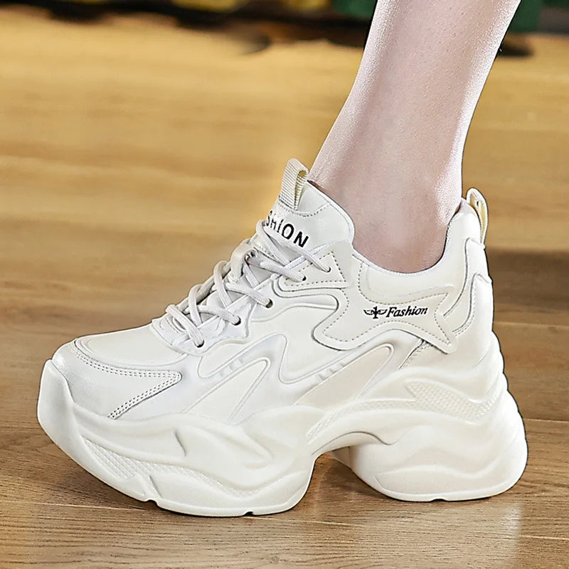 Fujin 9cm Genuine Leather Women Casual Shoes White Platform Wedge Hidden Heel Shoes White Chunky Sneakers Vulcanize Skateboard