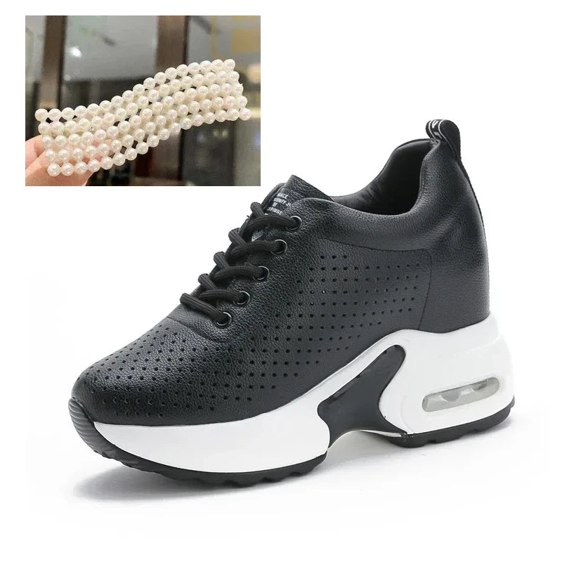 Fujin 8cm Wedge Heel Platform Shoes Chunky Sneakers Hollow Breathable Women Summer Sneakers Pumps Shoes Microfiber Leather Shoes