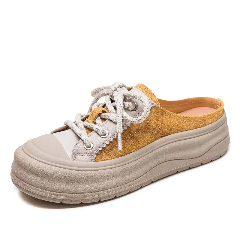 DRKANOL 2025 Mixed Colors Genuine Leather Outside Slippers Women Summer Round Toe Flat Platform Casual Slingback Slides Shoes