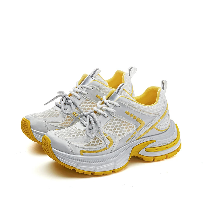 AUTUSPIN Summer Thick Bottom Women's Shoes Outdoor Fashion Leather Ladies Vulcanized Sneakers Breathable Mesh Shoes Comfortable