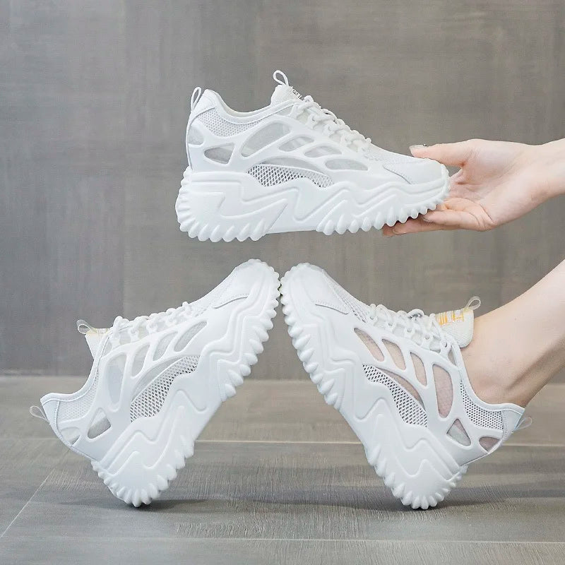 DRKANOL White Air Mesh Casual Sneakers Women 8cm Wedges Heel Height Increasing Chunky Platform Shoes Summer Breathable Shoes