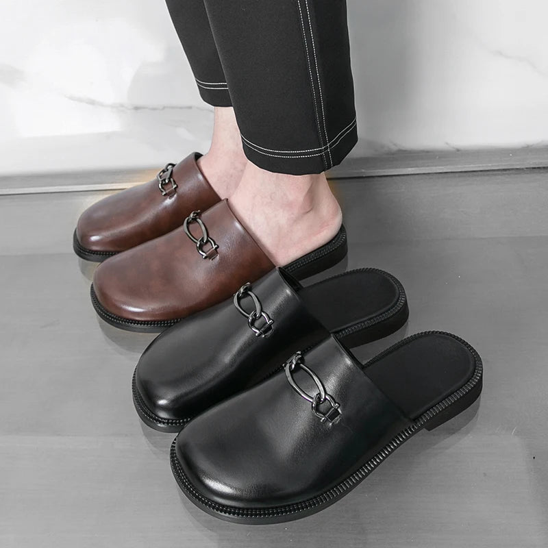 Luxury Men Slippers Fashion Leather Loafers Moccasins Outdoor Non-slip Casual Walking Shoes Men Mules Slides Comfortable Flats