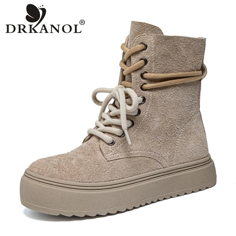 DRKANOL Women Flat Platform Ankle Boots Quality Cow Genuine Leather Round Toe Thick Sole Lace-Up Retro Style Casual Short Boots