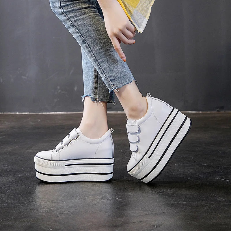Fujin 12cm Genuine Leather New Women Shoes Platform Heel Platform Sneakers Wedge White Shoes Fashion Women Leather Shoes Casual