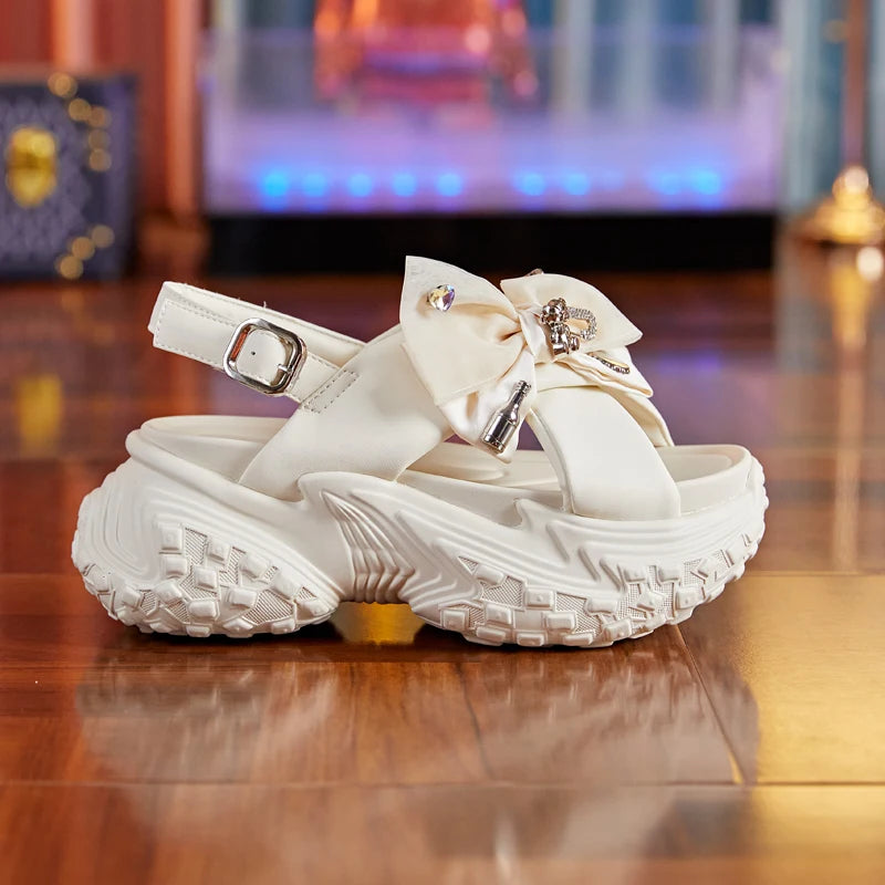 Autuspin Novelty Rome Sandals for Women New Metal Butterfly Knot Platform Ladies Wedges High Heels Sandal Genuine Leather Shoes