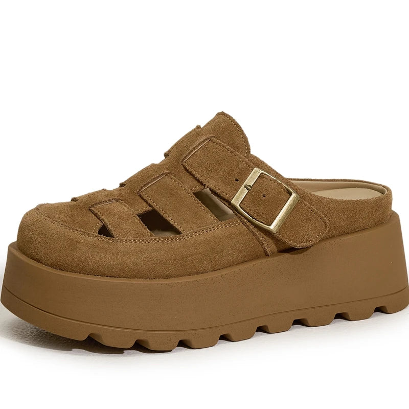 AUTUSPIN Retro Pink Mules Shoes Women Summer Hollow Out Suede Leather Ladies Slippers Wide Toe Casual Platform Slides Shoes 2025