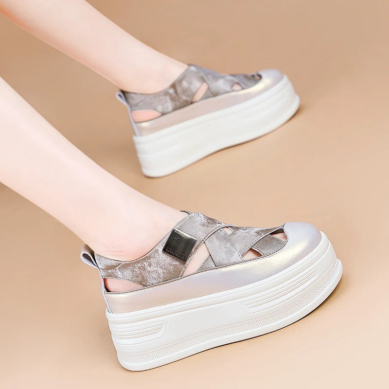 AUTUSPIN Summer Hollow Out Sandals Women's Fashion Leather Shoes Outdoor Woman High Platform Trendy Sandal Female Size 33-40