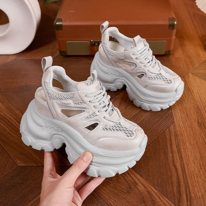 AUTUSPIN 9cm High Platform Women Sandals Summer Fashion Sports Style Hollow Out Sandalias Female Breathable Mesh Shoes 34-39