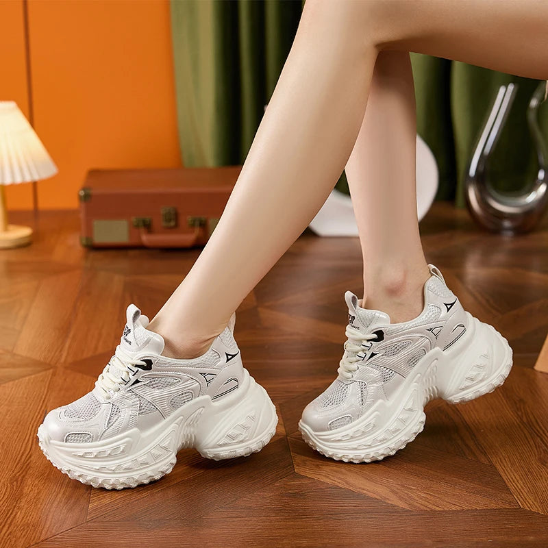 Autuspin Size 34-39 Women New Retro Sneakers Outdoor Leisure Ladies Luxury Air Mesh Breathable Vulcanize Shoes Woman Beige White
