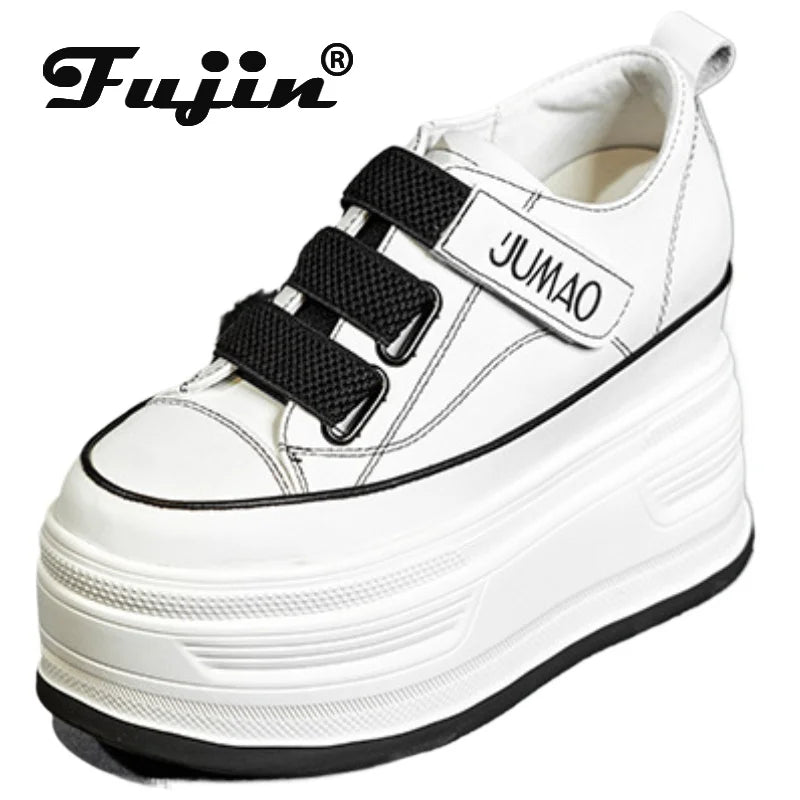 Koznoy 12cm Genuine Leather Motorcycle Fashion Spring Moccasins Autumn Lace Up  Ankle Booties Platform Wedge Women Sneaker Shoes