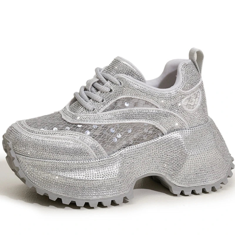 AUTUSPIN 7.5cm Thick Soled Women Shoes Summer Fashion Lace Spilcing Leather Chunky Sneakers Street Style Tide Crystal Shoes