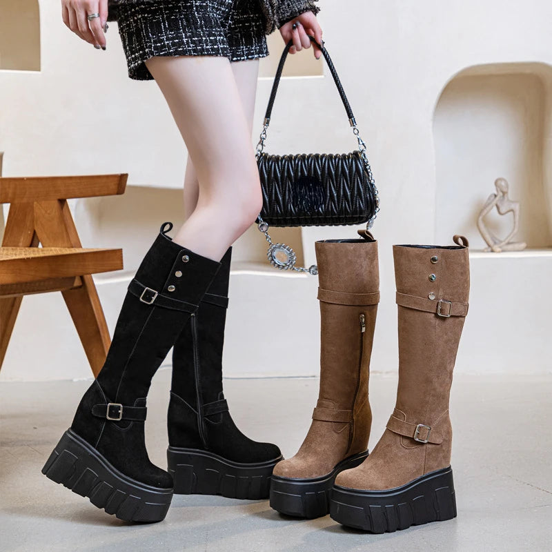 Fujin 14cm Microfiber Synthetic Leather High Top Boots Women Booties Knee High Platform Wedge Spring Autumn Zipper Fashion Shoes