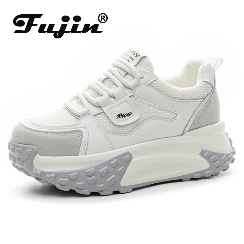 Fujin 7cm Platform Sneakers Microfiber Leather Cushioning Vulcanized Chunky Hidden Heel Comfy Breathable Women Spring Sneakers