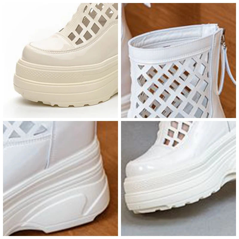 Fujin 11cm Hollow Patent Leather Summer Breathable Wedge Platform Wedge ZIP Fashion Sandals Casual Knee High Ankle Boots Shoes