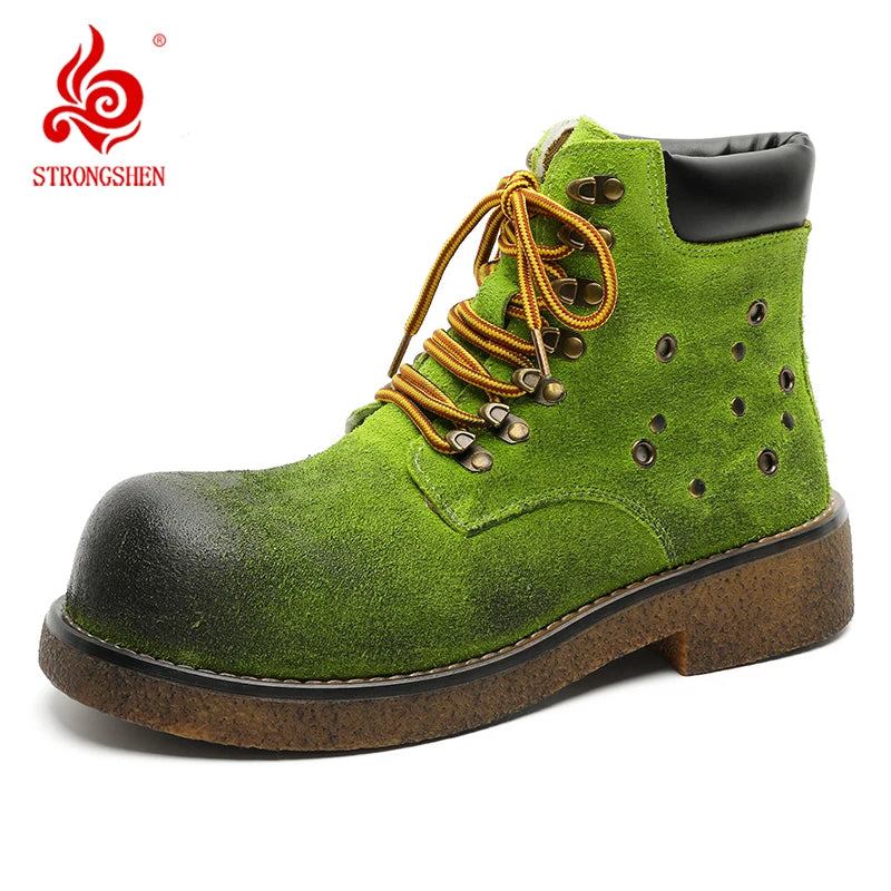 STRONGSHEN Handmade Men Motorcycle Boots Chunky Ankle Boots Leather Men Boots Retro Round Toe Autumn Winter Punk Street Style