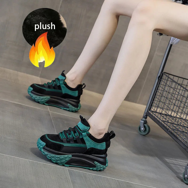 Fujin 6cm Suede Genuine Leather Women Casual Platform Wedge Chunky Sneakers Spring Autumn Fashion Hidden Heels Vulcanize Shoes