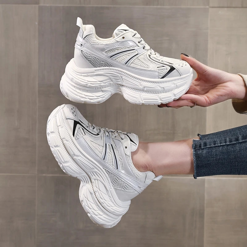 AUTUSPIN High Platform Women Sneakers 2025 Spring Fashion Thick Soled Shoes Breathable Mesh Splicing Footwear Outdoor Popular
