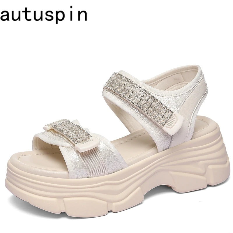 Autuspin 4.5cm Thick Bottom Women Rome Sandals Summer Fashion Ladies Leisure Ankle Wrap Shoes Woman Genuine Leather Bling Flats