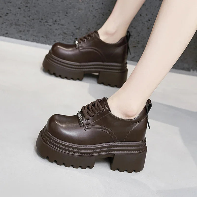 AUTUSPIN 2025 New Lace-up Women Pumps Fashion Office Ladies Leather Oxfords Shoes Daily Thick High Heels Platform Woman Loafers