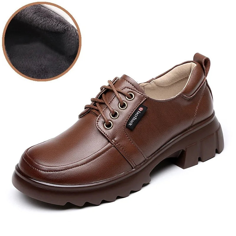 DRKANOL Fashion Women Shoes Lace-Up Round Toe Med Thick Heel Casual Shoes Ladies Real Cowhide Autumn Winter Warm Shoes H5089