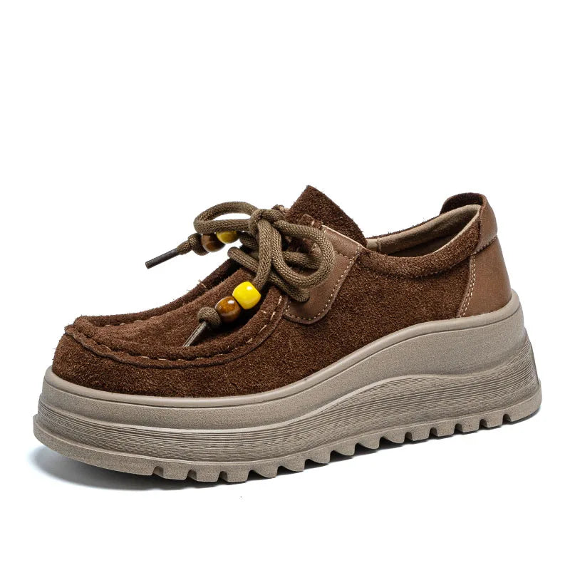 DRKANOL Handmade Retro Cow Suede Leather Chunky Platform Shoes For Women Big Toe Wedges Heel Height Increasing String Bead Shoes