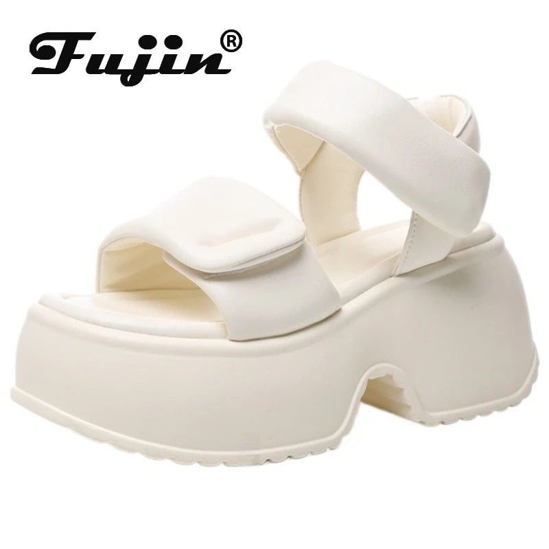 Fujin 8.5cm Platform Wedge Retro British Women Fashion Mules Ins Hot Sell Microfiber Leather Weave Sandals Ladies Shoes Summer