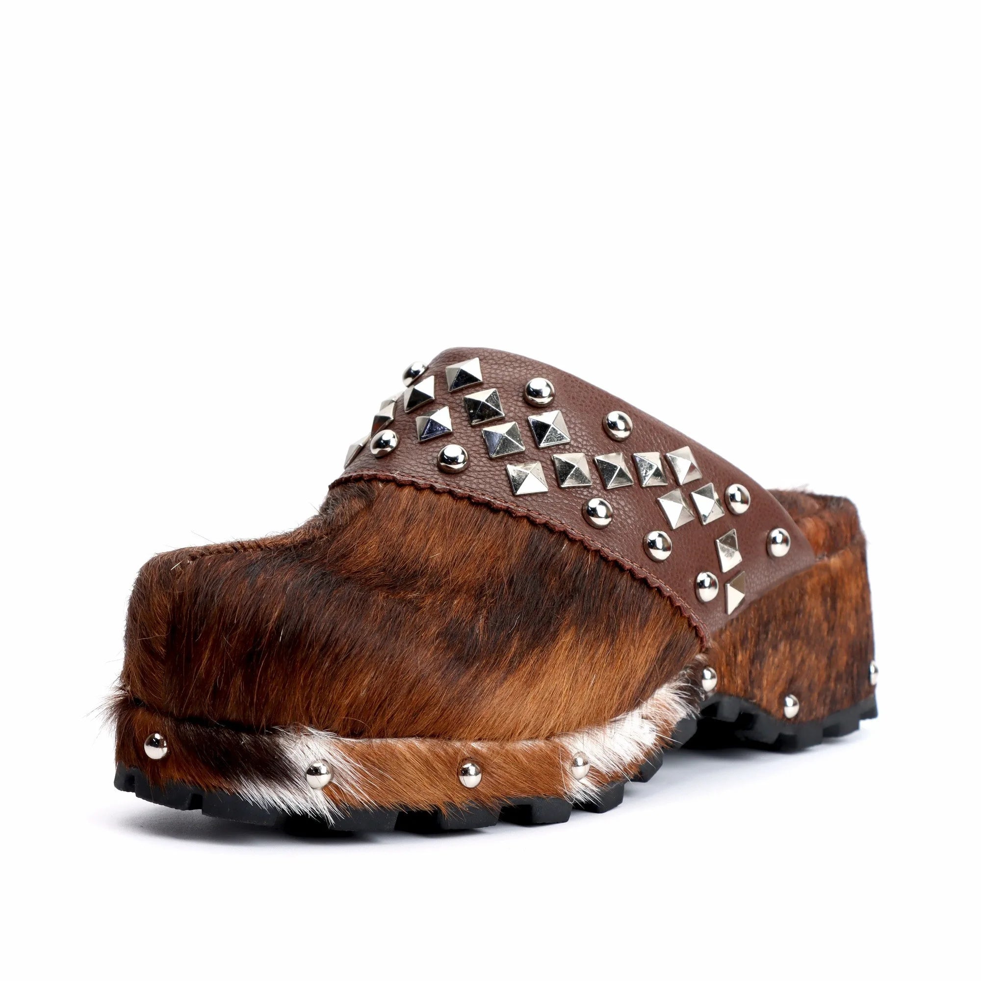 Women's Handmade Western Cowboy Clogs Shoes with Natural Calf Hair, Sheepskin Lining, and Arch Support - Featuring Shiny Rivets